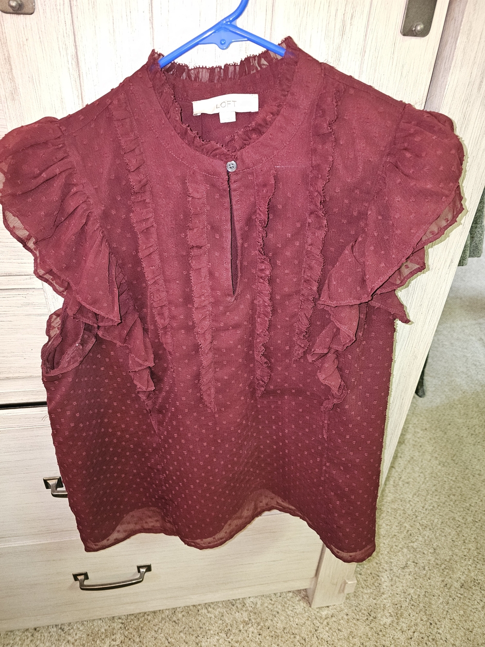LOFT Burgundy Ruffled Swiss Dot Blouse